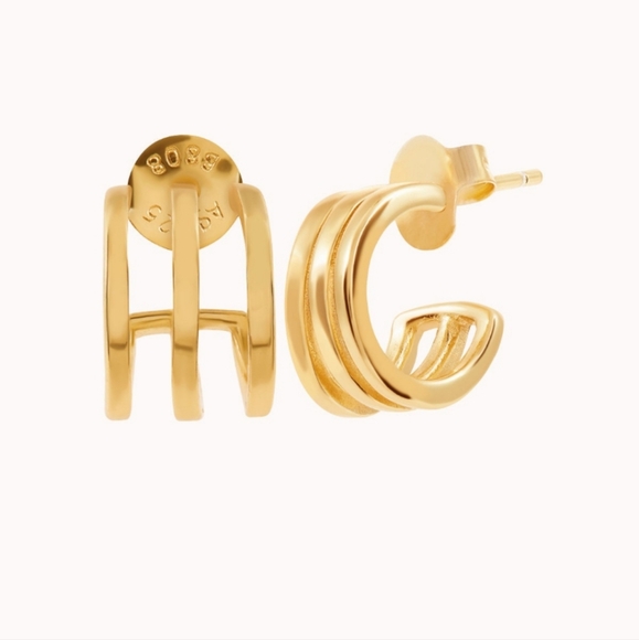 SILVER Triple-band huggie hoop earrings - Picture 3 of 5